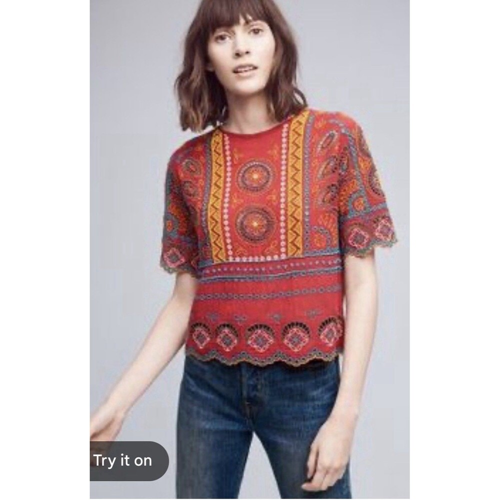 Anthropologie Tiny Cropped Mirari Blouse Medium Embroidered Beaded Boho Tribal